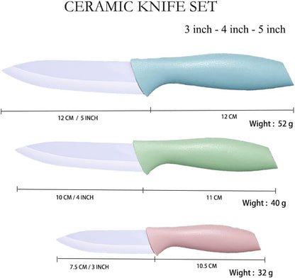 3 Pieces Ceramic knife set, 3-Inch 4 Inch 5-Inch Colorful Knife Set with Sheaths Covers, Zirconia Blade and Ergonomic handle,Use for meat fruit vegetable Bread and Butter. (pink green blue)