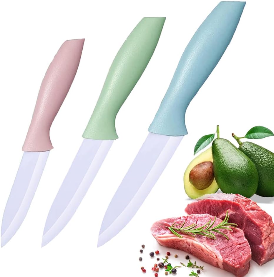 3 Pieces Ceramic knife set, 3-Inch 4 Inch 5-Inch Colorful Knife Set with Sheaths Covers, Zirconia Blade and Ergonomic handle,Use for meat fruit vegetable Bread and Butter. (pink green blue)