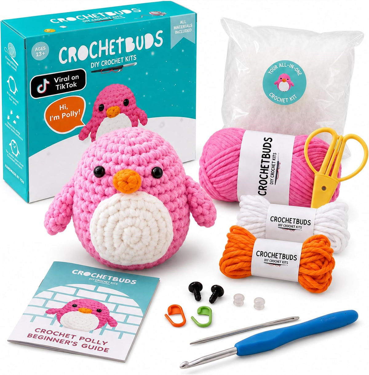 Penguin Crochet Kit for Beginners & Adults | DIY Amigurumi Kit w/Pre-Started Piece, Yarn, Hook, Pattern, Video & Written Tutorial Guide | Great Craft Gift Idea | Ages 15+ (Pink)