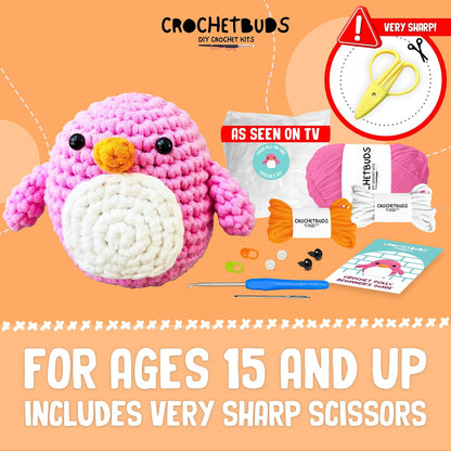 Penguin Crochet Kit for Beginners & Adults | DIY Amigurumi Kit w/Pre-Started Piece, Yarn, Hook, Pattern, Video & Written Tutorial Guide | Great Craft Gift Idea | Ages 15+ (Pink)