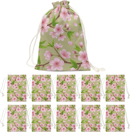 Victoroes Spring Peaches Drawstring Gift Bags 10 Pcs 5" x 7" Small Peaches Flowers Green Gift Bag Reusable Fabric Wrap Bags for Wedding Party Birthday Holiday