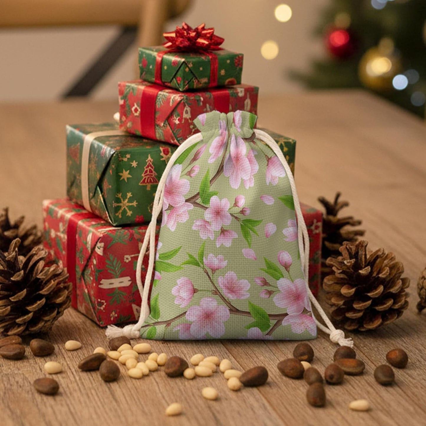 Victoroes Spring Peaches Drawstring Gift Bags 10 Pcs 5" x 7" Small Peaches Flowers Green Gift Bag Reusable Fabric Wrap Bags for Wedding Party Birthday Holiday