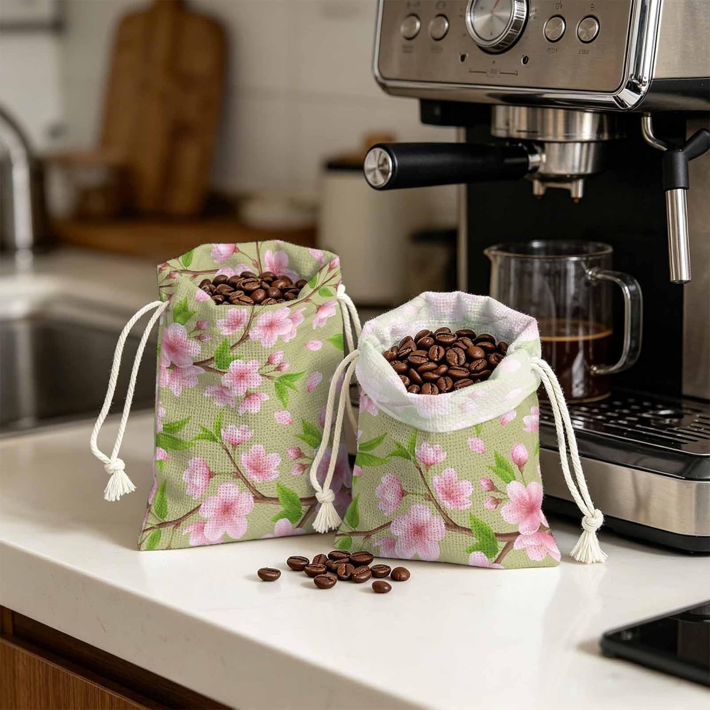 Victoroes Spring Peaches Drawstring Gift Bags 10 Pcs 5" x 7" Small Peaches Flowers Green Gift Bag Reusable Fabric Wrap Bags for Wedding Party Birthday Holiday