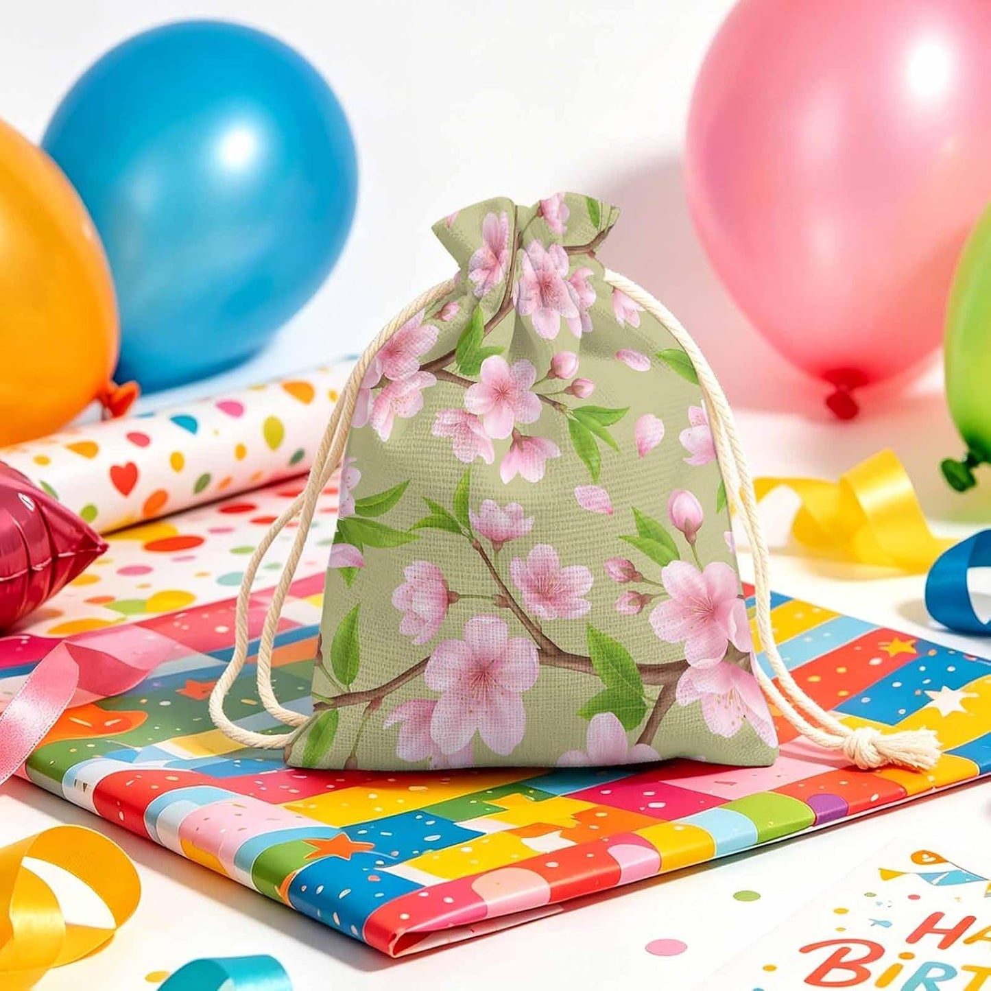 Victoroes Spring Peaches Drawstring Gift Bags 10 Pcs 5" x 7" Small Peaches Flowers Green Gift Bag Reusable Fabric Wrap Bags for Wedding Party Birthday Holiday
