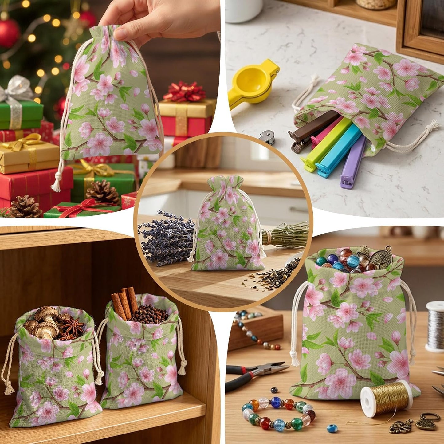 Victoroes Spring Peaches Drawstring Gift Bags 10 Pcs 5" x 7" Small Peaches Flowers Green Gift Bag Reusable Fabric Wrap Bags for Wedding Party Birthday Holiday