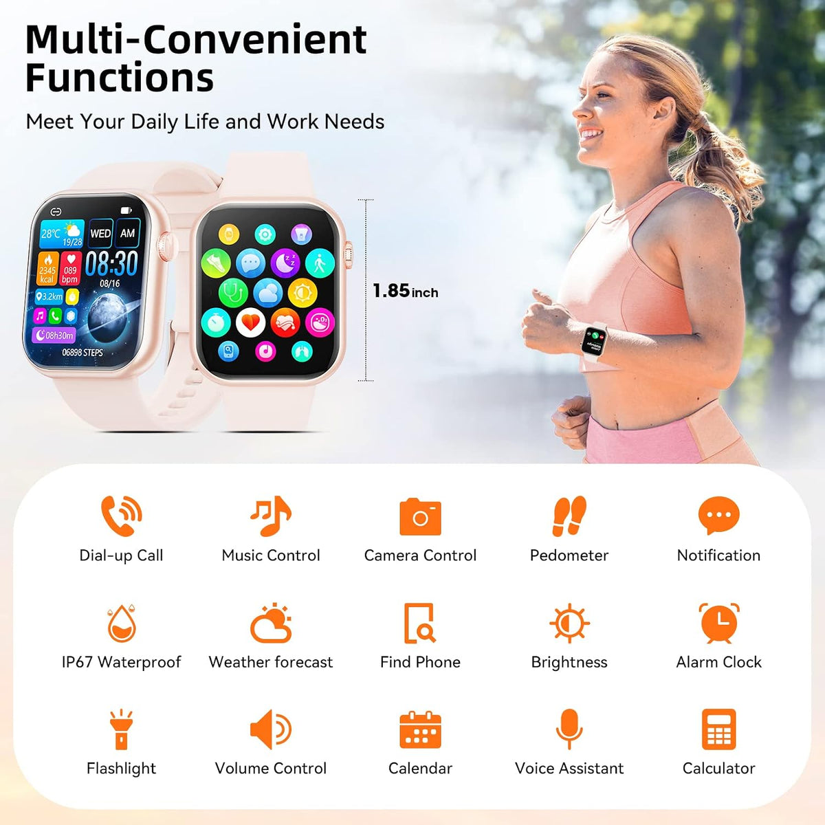 Smart Watch (Answer/Make Call) 1.85inch Fitness Tracker, DIY Dials/Pedometer/Calories/Multiple Sport Modes/Voice Assistant, Smart Watches for Men Women Android iOS Phones