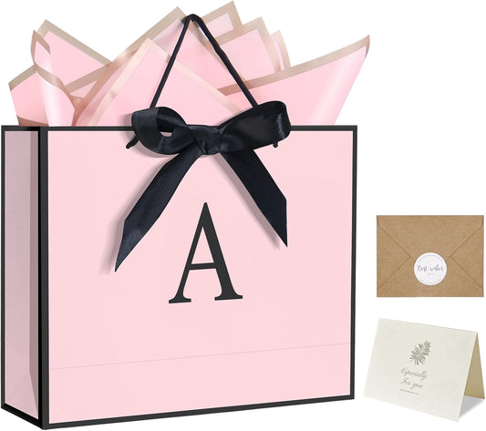 Personalized Initial Paper Bag for Women Grils,Monogrammed Gift Bag with Bow Ribbon,Wrapping Tissue and Card Matching Envelope Sticker (Pink, A-Medium)