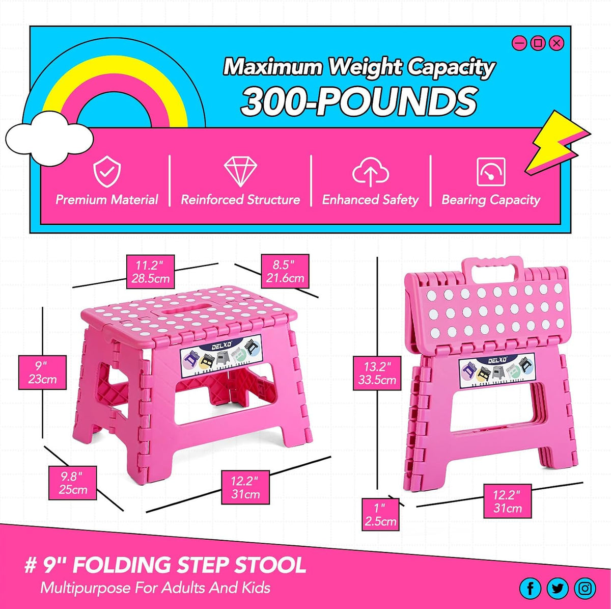 9 Inch Kids Step Stool,300 Lbs Folding Step Stool for Toddler Pink