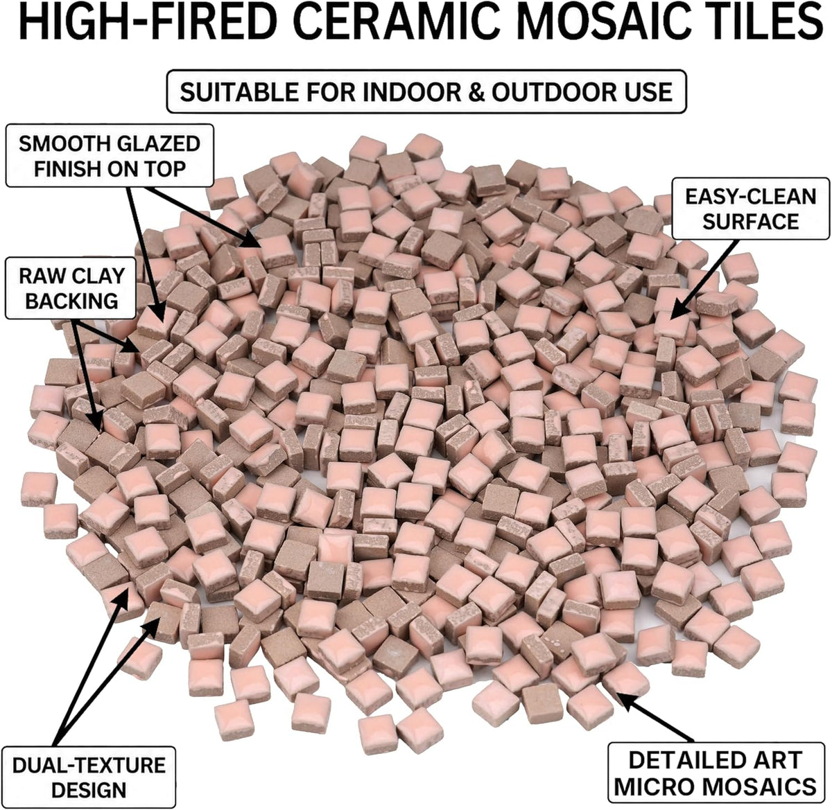Ceramic Square Mosaic Tiles for Crafts, 10mm (3/8 in) Small Tiles for Detailed DIY Crafts & Frames, Essential Mosaic Supplies - 1 lb/Approx 450 Pcs (Blush Pink)