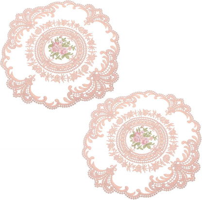 2pcs Lace Placemats and Coasters Set, Dusty Pink Lace Table Mats with Floral Edging, Decorative Home Ornament for Dining and Photography Props