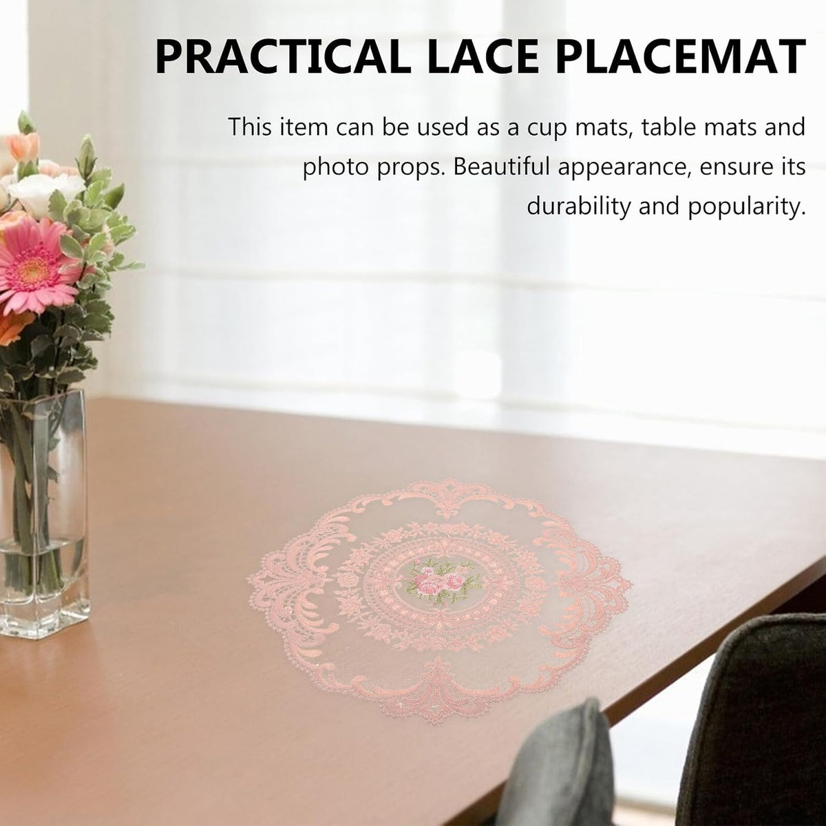 2pcs Lace Placemats and Coasters Set, Dusty Pink Lace Table Mats with Floral Edging, Decorative Home Ornament for Dining and Photography Props