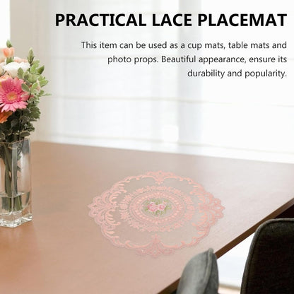 2pcs Lace Placemats and Coasters Set, Dusty Pink Lace Table Mats with Floral Edging, Decorative Home Ornament for Dining and Photography Props