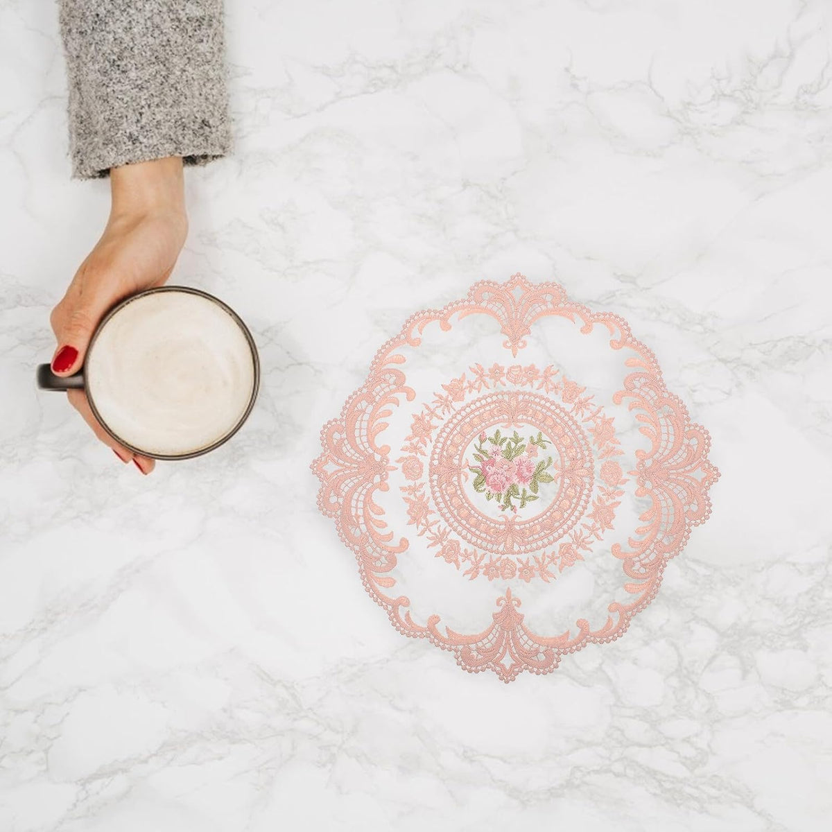 2pcs Lace Placemats and Coasters Set, Dusty Pink Lace Table Mats with Floral Edging, Decorative Home Ornament for Dining and Photography Props