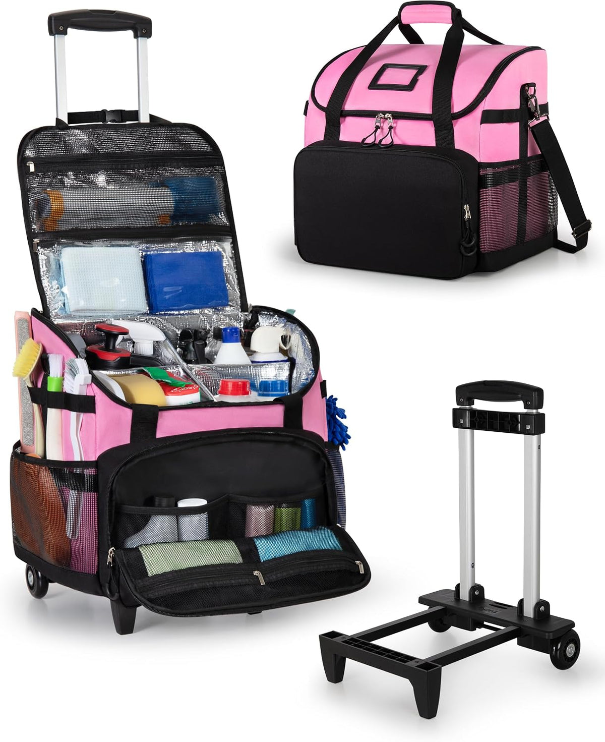 Large Rolling Cleaning Caddy Bag with Detachable Trolley, Pink