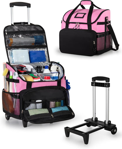 Large Rolling Cleaning Caddy Bag with Detachable Trolley, Pink