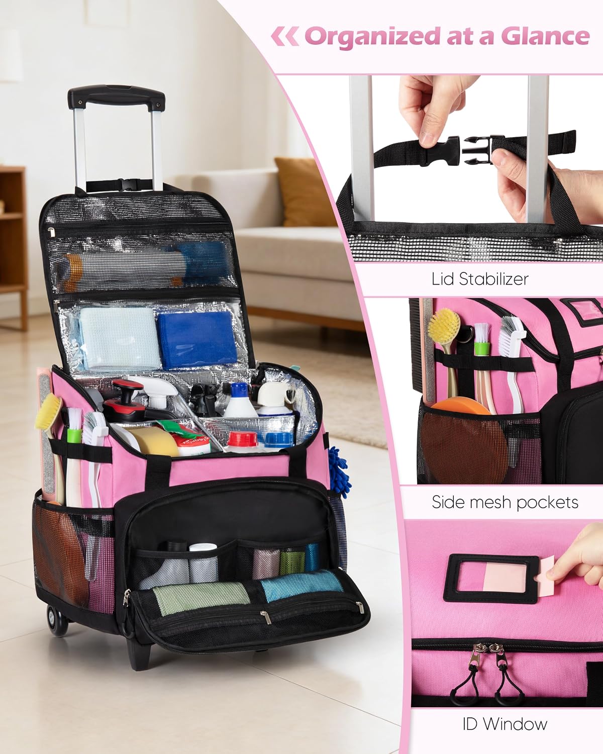 Large Rolling Cleaning Caddy Bag with Detachable Trolley, Pink