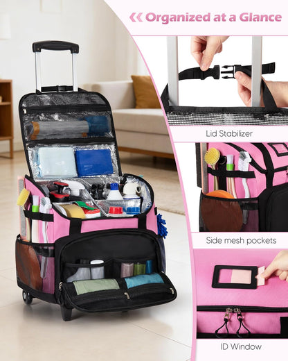 Large Rolling Cleaning Caddy Bag with Detachable Trolley, Pink