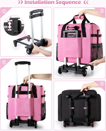 Large Rolling Cleaning Caddy Bag with Detachable Trolley, Pink