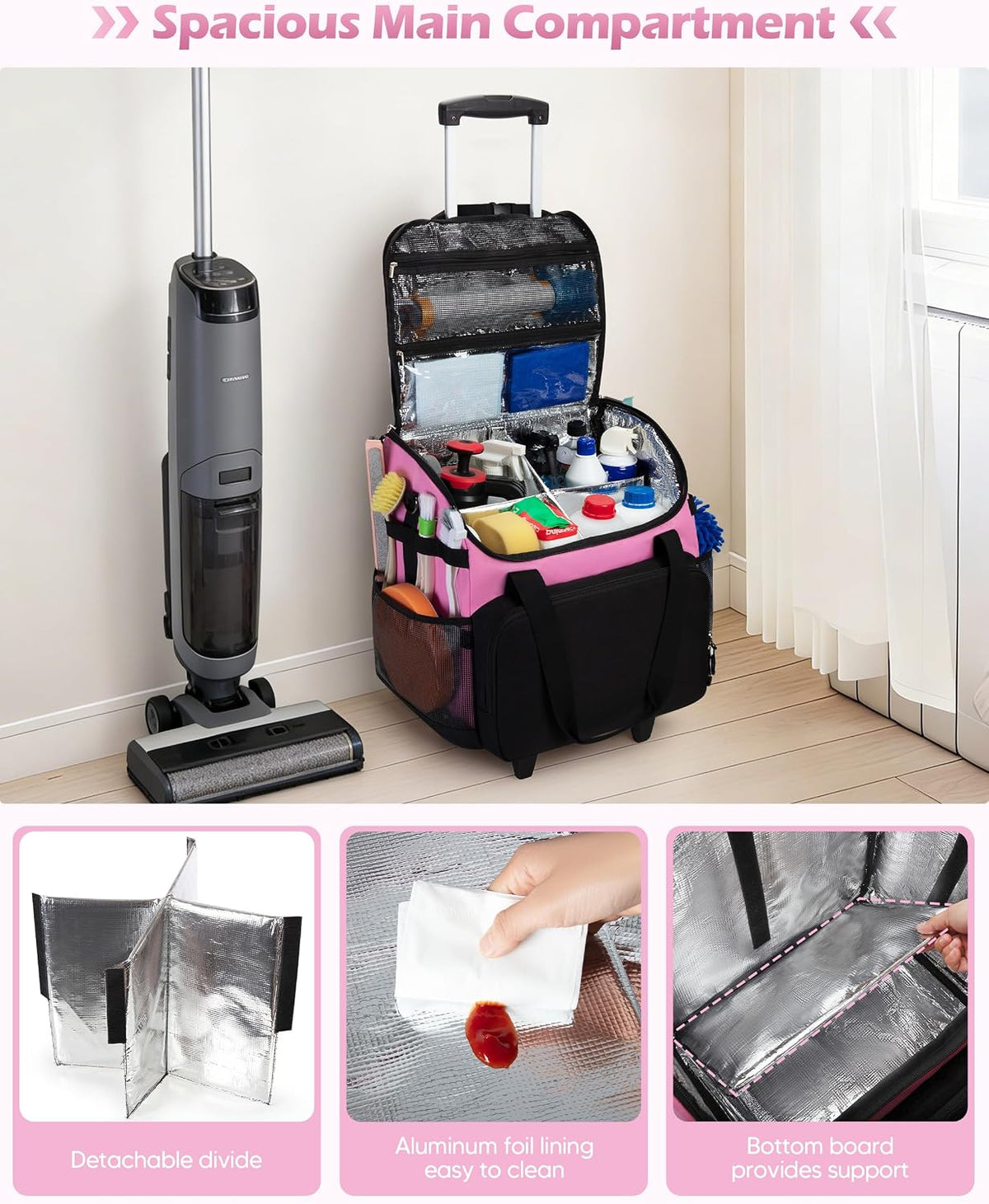 Large Rolling Cleaning Caddy Bag with Detachable Trolley, Pink