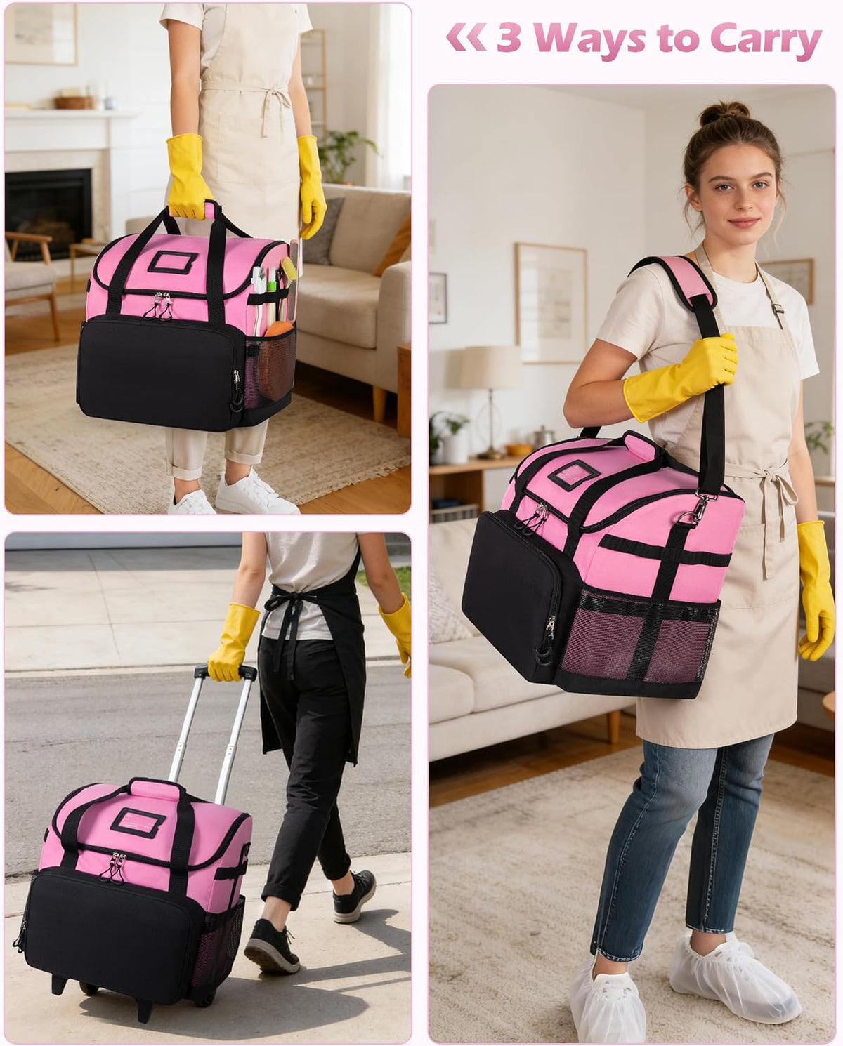 Large Rolling Cleaning Caddy Bag with Detachable Trolley, Pink