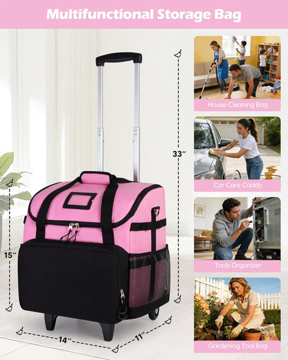 Large Rolling Cleaning Caddy Bag with Detachable Trolley, Pink