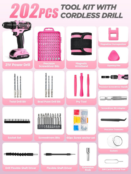 Pink Cordless Drill Set 202 Pcs, 21V Pink Power Drill Tool Set Kit with Storage Bag, Electric Drill Set for Women, Precision Screwdriver set, Magnetic Wristband, for Home DIY Projects