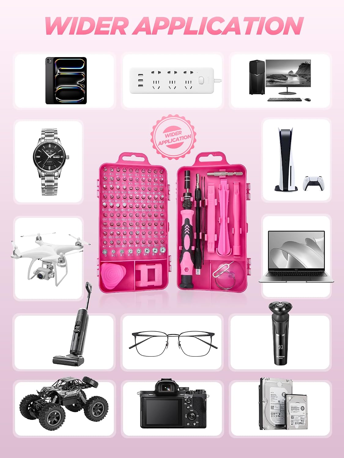 Pink Cordless Drill Set 202 Pcs, 21V Pink Power Drill Tool Set Kit with Storage Bag, Electric Drill Set for Women, Precision Screwdriver set, Magnetic Wristband, for Home DIY Projects
