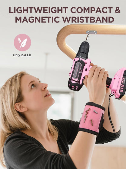 Pink Cordless Drill Set 202 Pcs, 21V Pink Power Drill Tool Set Kit with Storage Bag, Electric Drill Set for Women, Precision Screwdriver set, Magnetic Wristband, for Home DIY Projects