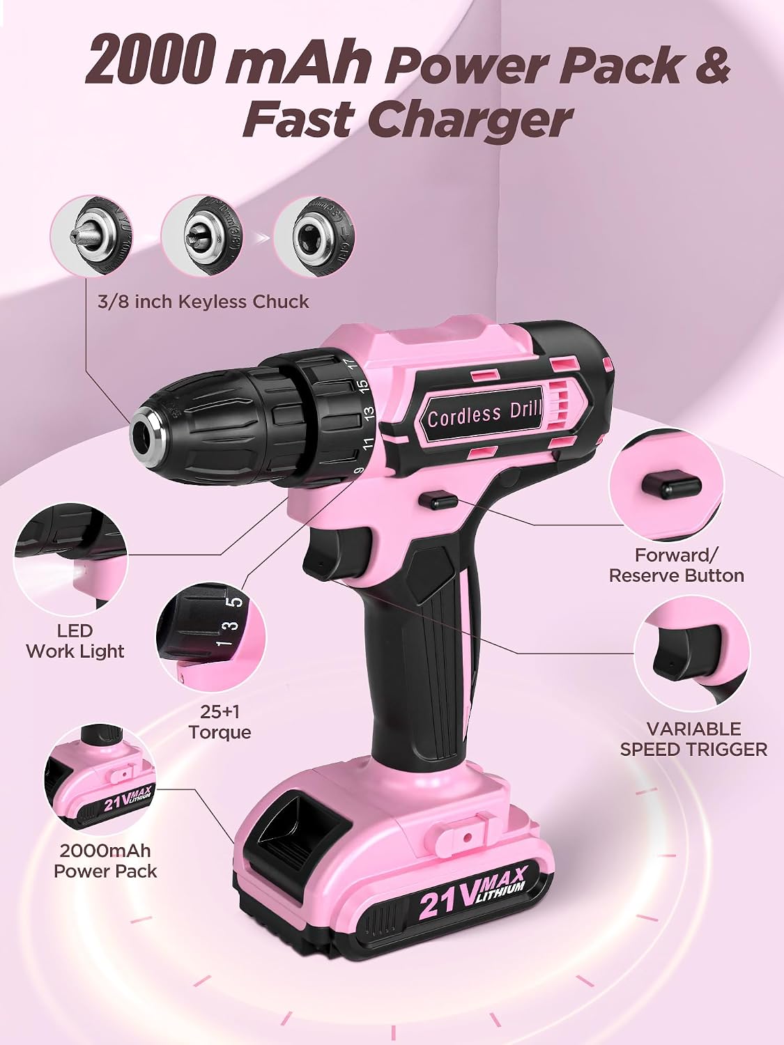 Pink Cordless Drill Set 202 Pcs, 21V Pink Power Drill Tool Set Kit with Storage Bag, Electric Drill Set for Women, Precision Screwdriver set, Magnetic Wristband, for Home DIY Projects