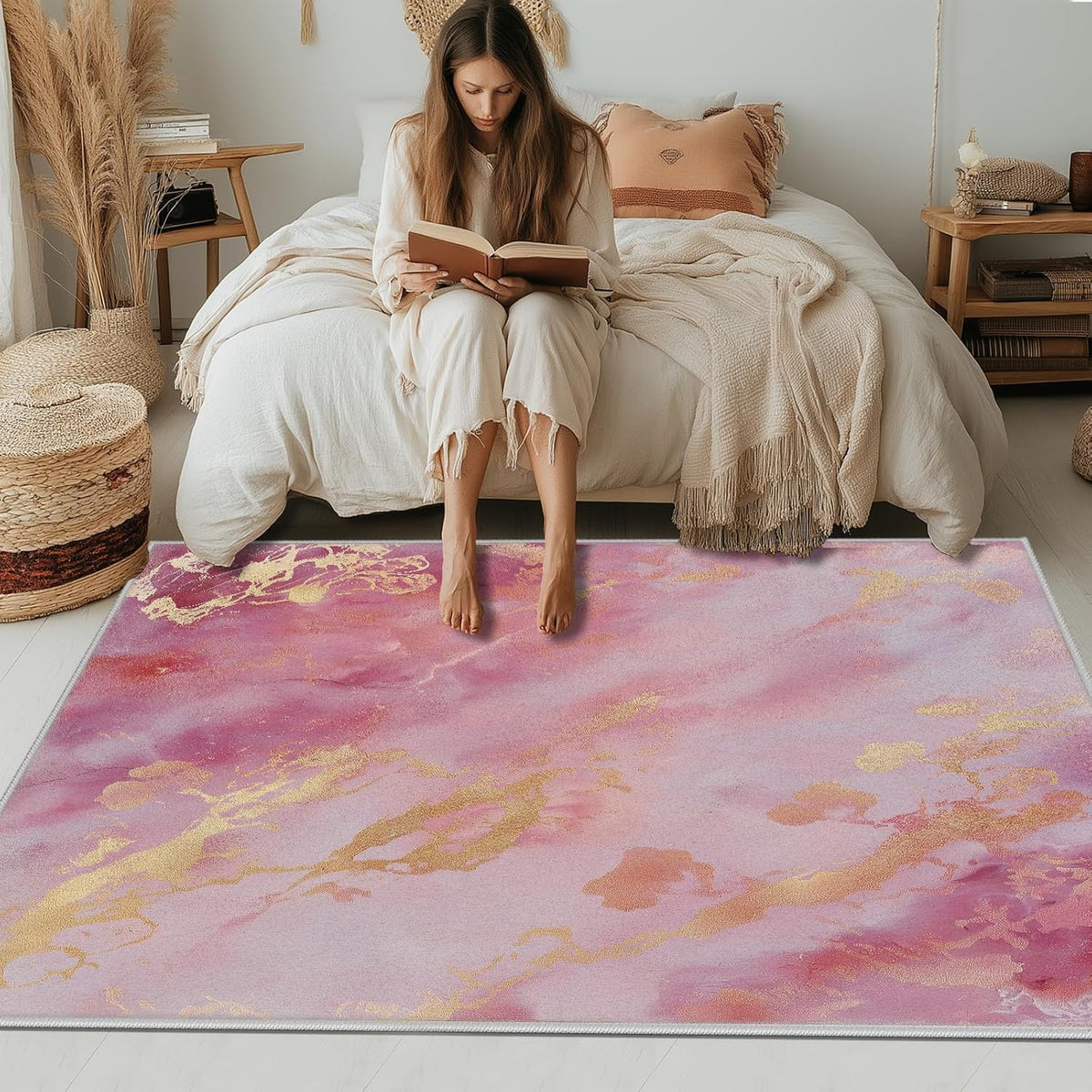 Peach Marble Rug 5'x7' Non Slip, Modern Aesthetic Area Rug for Bedroom