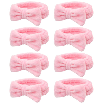 8 Pcs Pink Spa Headband for Washing Face and Makeup Bridesmaid Proposal Gifts for Women Coral Fleece Skincare Headbands Elastic Bow Head