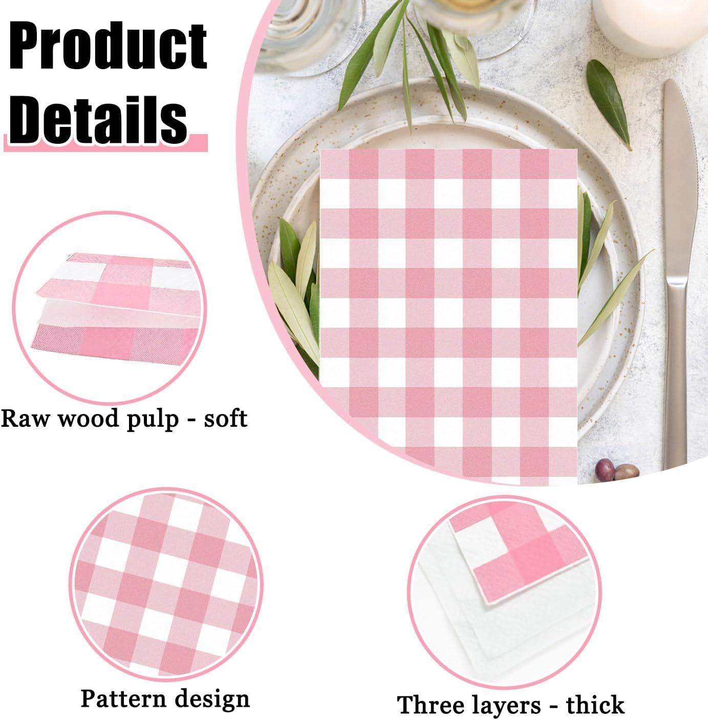HEIPINIUYE 50 Pieces 3-ply Light Pink Gingham Napkins Disposable Pink and White Checkered Napkins Buffalo Plaid Paper Napkins for Wedding Birthday Party Bathroom Napkin Guest Disposable