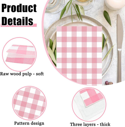 HEIPINIUYE 50 Pieces 3-ply Light Pink Gingham Napkins Disposable Pink and White Checkered Napkins Buffalo Plaid Paper Napkins for Wedding Birthday Party Bathroom Napkin Guest Disposable