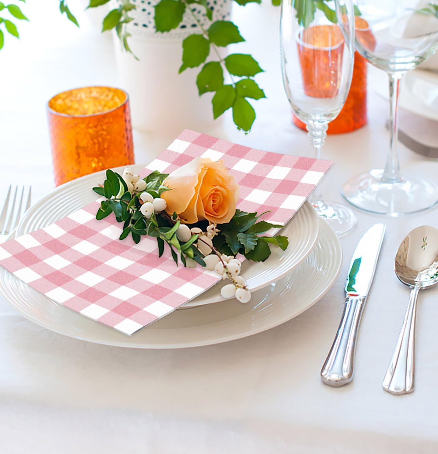HEIPINIUYE 50 Pieces 3-ply Light Pink Gingham Napkins Disposable Pink and White Checkered Napkins Buffalo Plaid Paper Napkins for Wedding Birthday Party Bathroom Napkin Guest Disposable