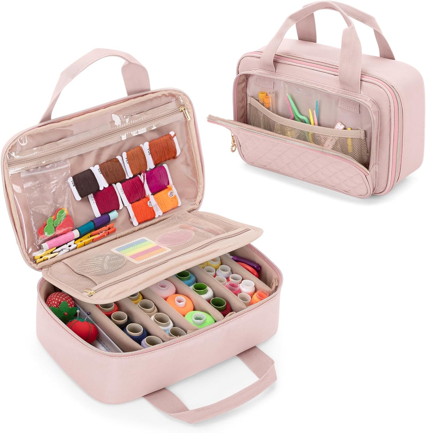 Puffer Sewing Organizer Bag, Sewing Supplies Organizer with 6 Detachable Dividers and Multiple Pockets, Travel Sewing Notions Storage Case for Thread, Needles, Scissors, Pink (Bag Only)