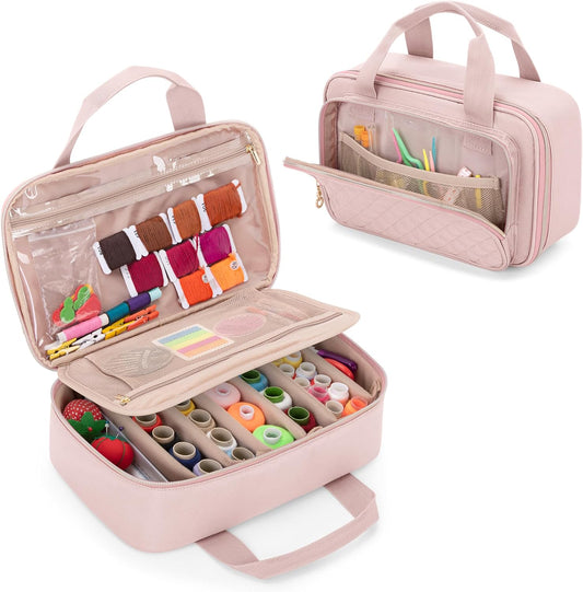 Puffer Sewing Organizer Bag, Sewing Supplies Organizer with 6 Detachable Dividers and Multiple Pockets, Travel Sewing Notions Storage Case for Thread, Needles, Scissors, Pink (Bag Only)