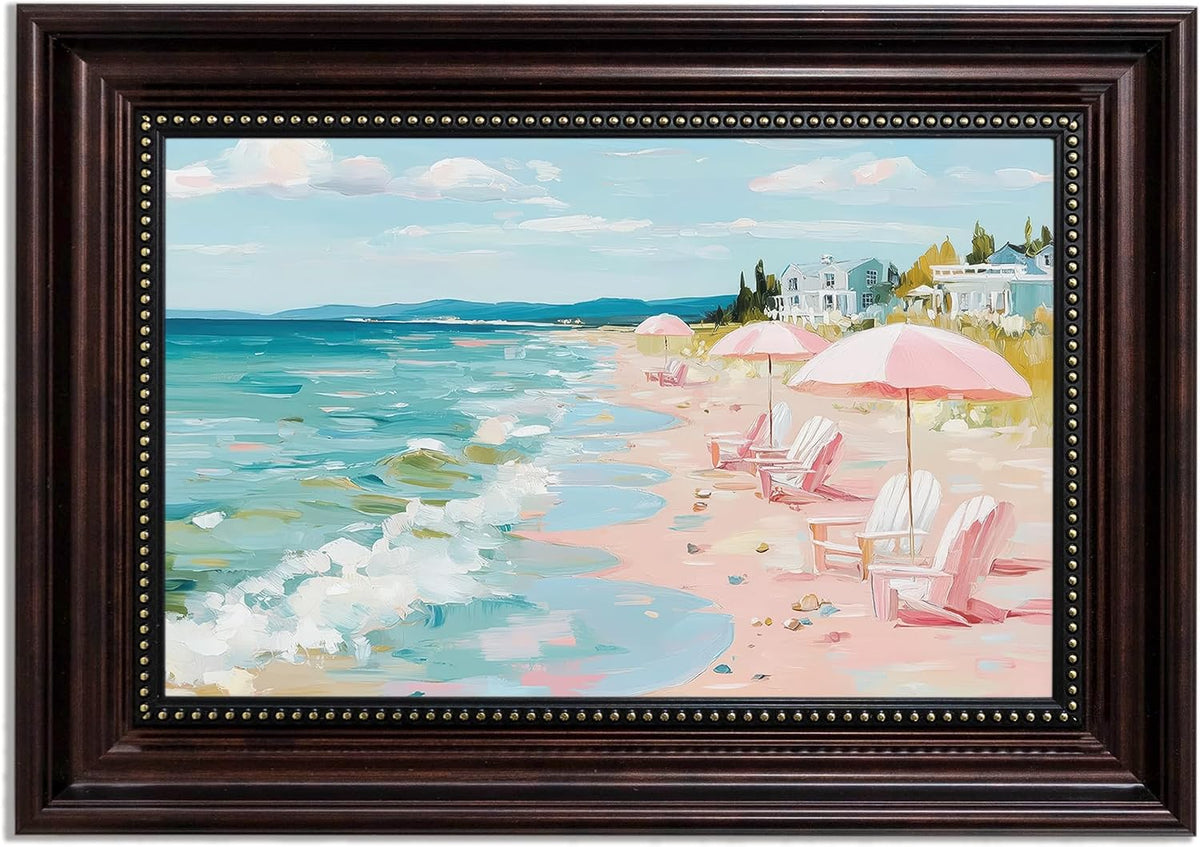 Dark Brown Framed Pastel Coastal Beach Canvas Wall Art 9x11 in