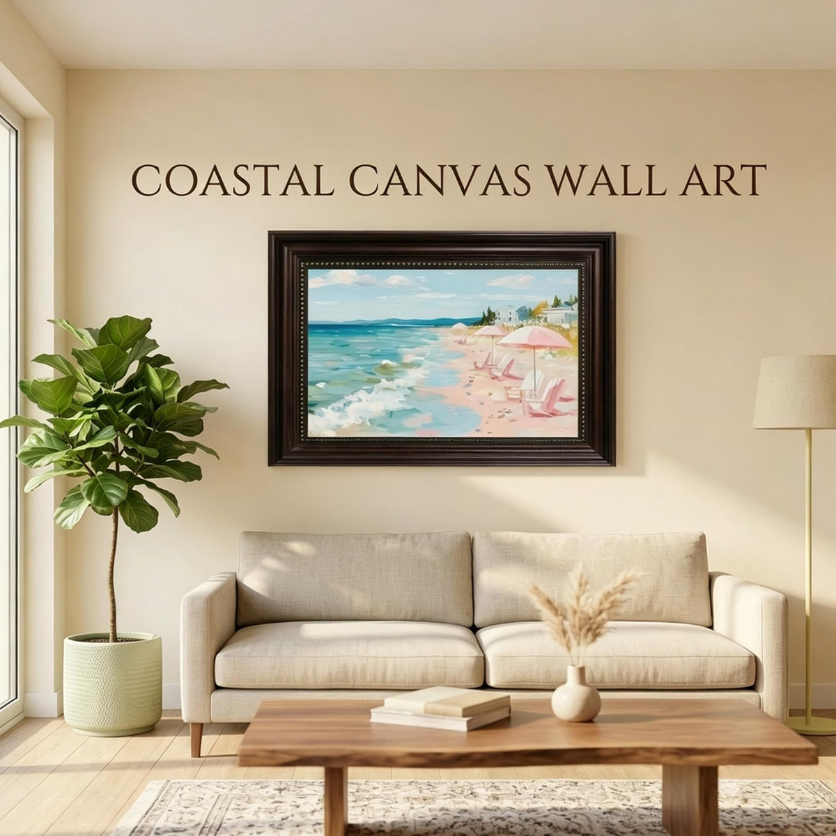 Dark Brown Framed Pastel Coastal Beach Canvas Wall Art 9x11 in