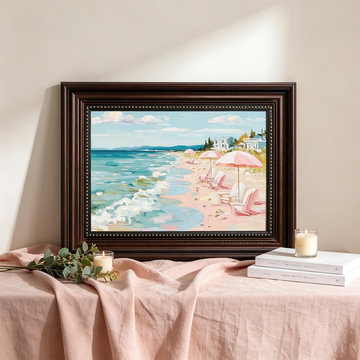 Dark Brown Framed Pastel Coastal Beach Canvas Wall Art 9x11 in