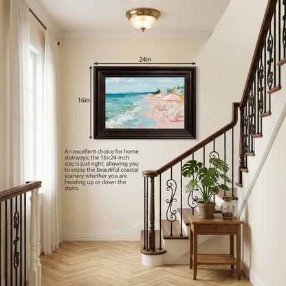 Dark Brown Framed Pastel Coastal Beach Canvas Wall Art 9x11 in