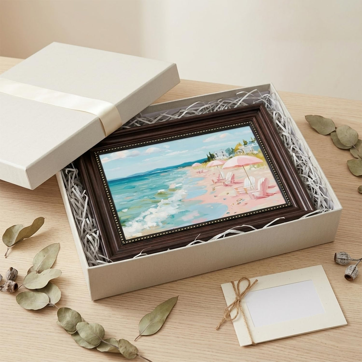 Dark Brown Framed Pastel Coastal Beach Canvas Wall Art 9x11 in