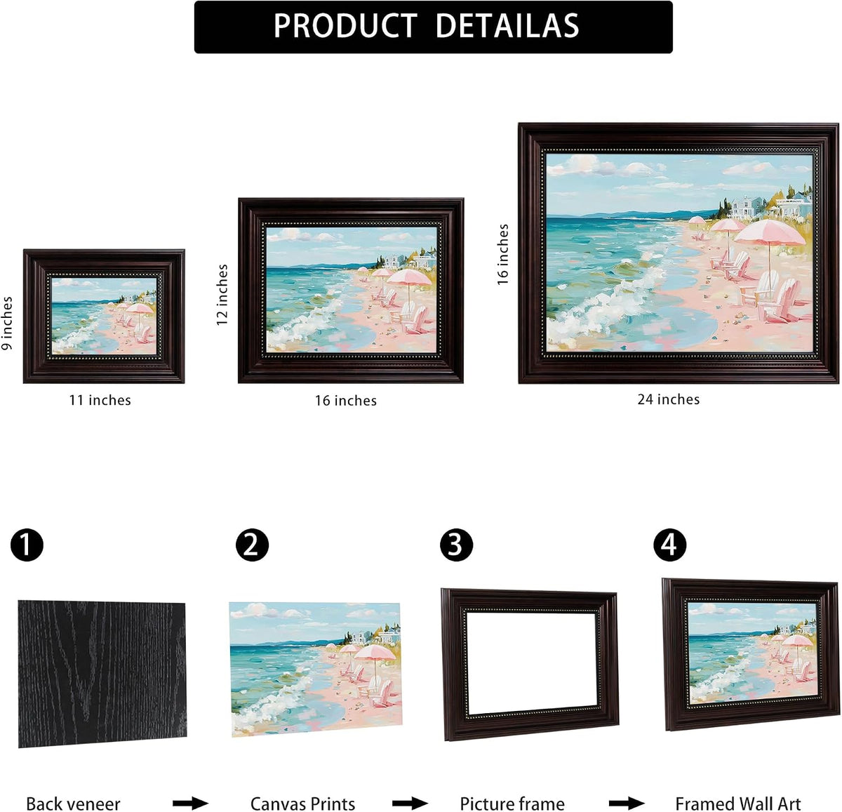 Dark Brown Framed Pastel Coastal Beach Canvas Wall Art 9x11 in