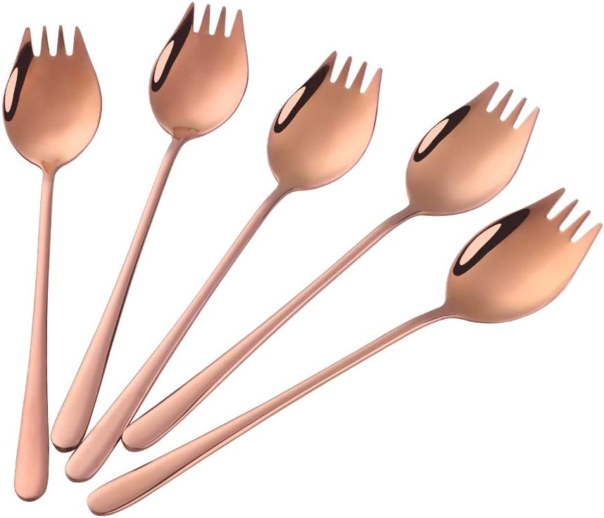 Rose Gold Sporks 2 in 1 Spoons Forks 5 Pieces Stainless Steel Reusable Metal Korean Soup Dinner Spoons Camping Flatware