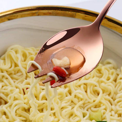 Rose Gold Sporks 2 in 1 Spoons Forks 5 Pieces Stainless Steel Reusable Metal Korean Soup Dinner Spoons Camping Flatware