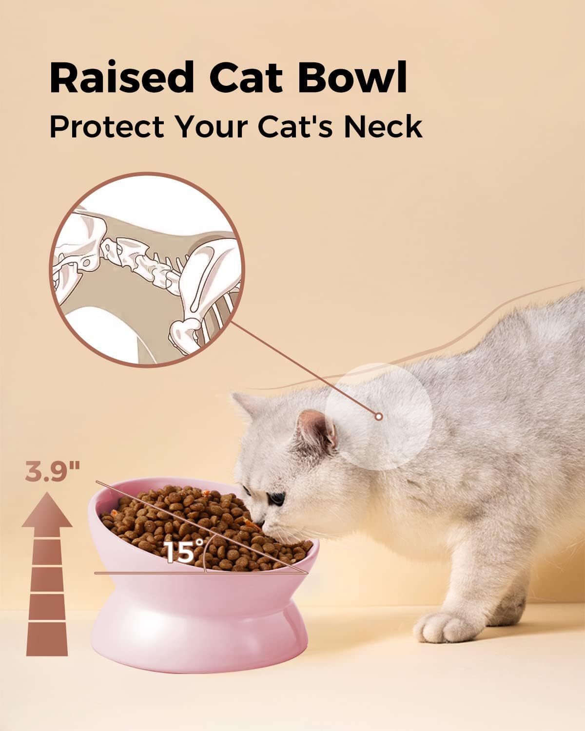 Elevated Cat Food Bowl, 5 Oz Ceramic Raised and Tilted Water Bowl, Anti Vomiting and Protect Pets' Spines Dishes for Small Dog, Fat Faced Cat, Kitten (Pink, 1 Pack)