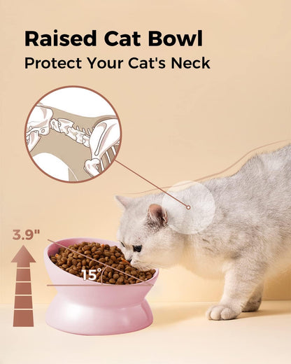 Elevated Cat Food Bowl, 5 Oz Ceramic Raised and Tilted Water Bowl, Anti Vomiting and Protect Pets' Spines Dishes for Small Dog, Fat Faced Cat, Kitten (Pink, 1 Pack)