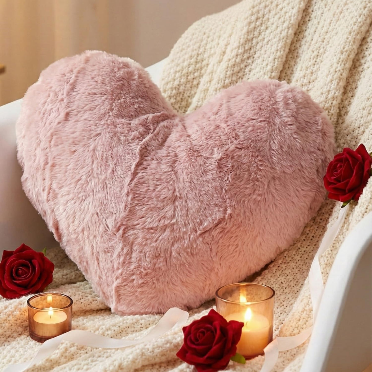 Tache Pink Heart Shaped Pillow - Faux Fur White Fleece Valentine's Romantic Super Soft Stuffed Light Blush Dusty Rose Furry Pillow 16x14 Pink Heart Pillow