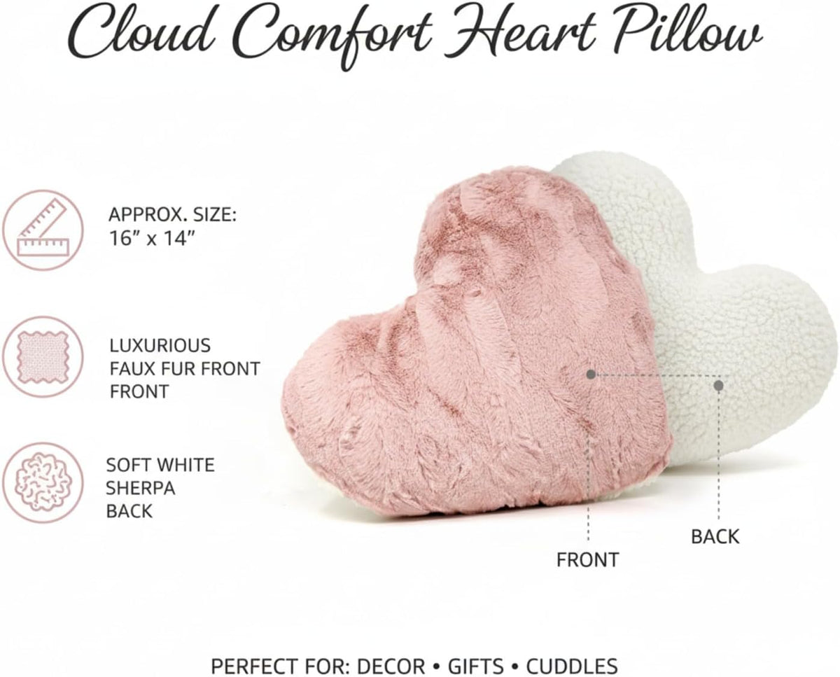 Tache Pink Heart Shaped Pillow - Faux Fur White Fleece Valentine's Romantic Super Soft Stuffed Light Blush Dusty Rose Furry Pillow 16x14 Pink Heart Pillow