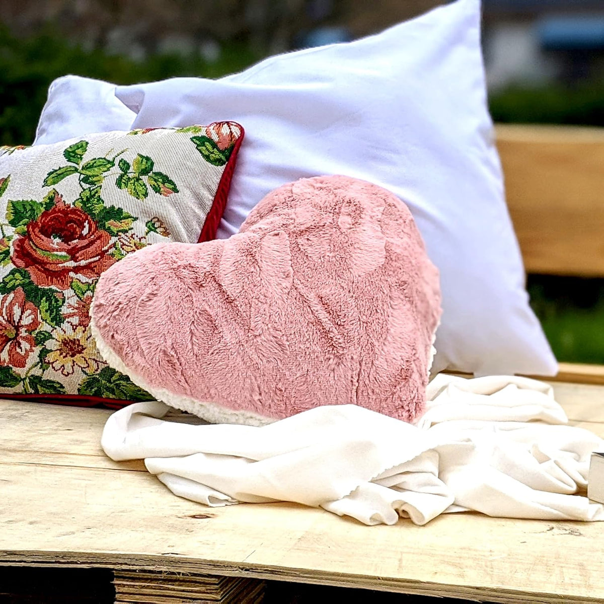 Tache Pink Heart Shaped Pillow - Faux Fur White Fleece Valentine's Romantic Super Soft Stuffed Light Blush Dusty Rose Furry Pillow 16x14 Pink Heart Pillow