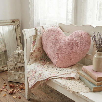 Tache Pink Heart Shaped Pillow - Faux Fur White Fleece Valentine's Romantic Super Soft Stuffed Light Blush Dusty Rose Furry Pillow 16x14 Pink Heart Pillow